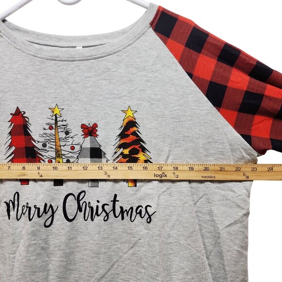Christmas Graphic Raglan Womens Shirt Plaid Sleeves Gray/Red Size 2XL Womens Top - Picture 6 of 6